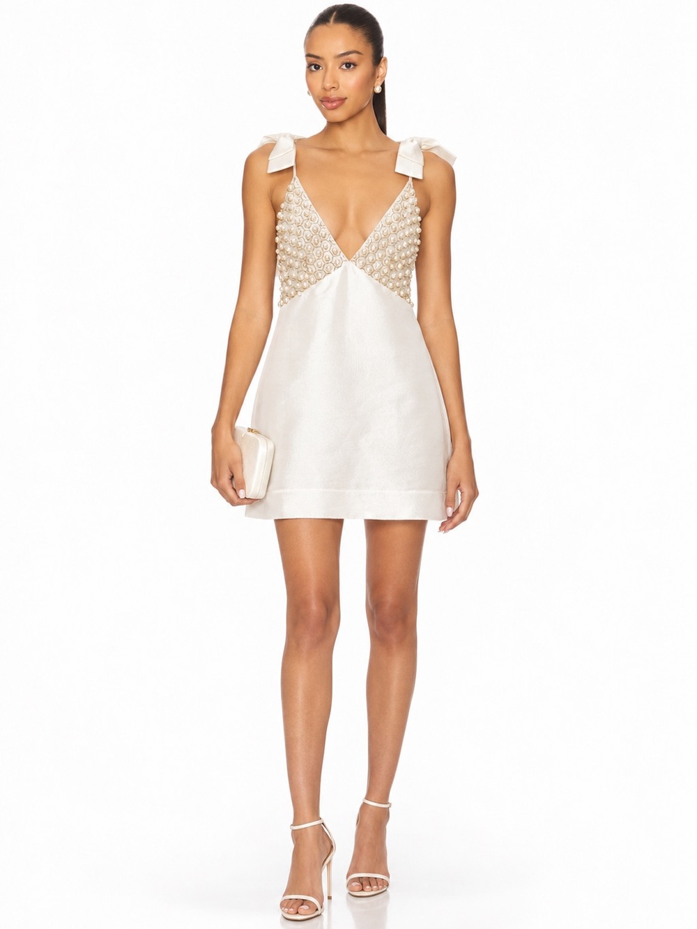 For Love & Lemons Revolve Ivory Pearl Beaded Bow Mini Dress